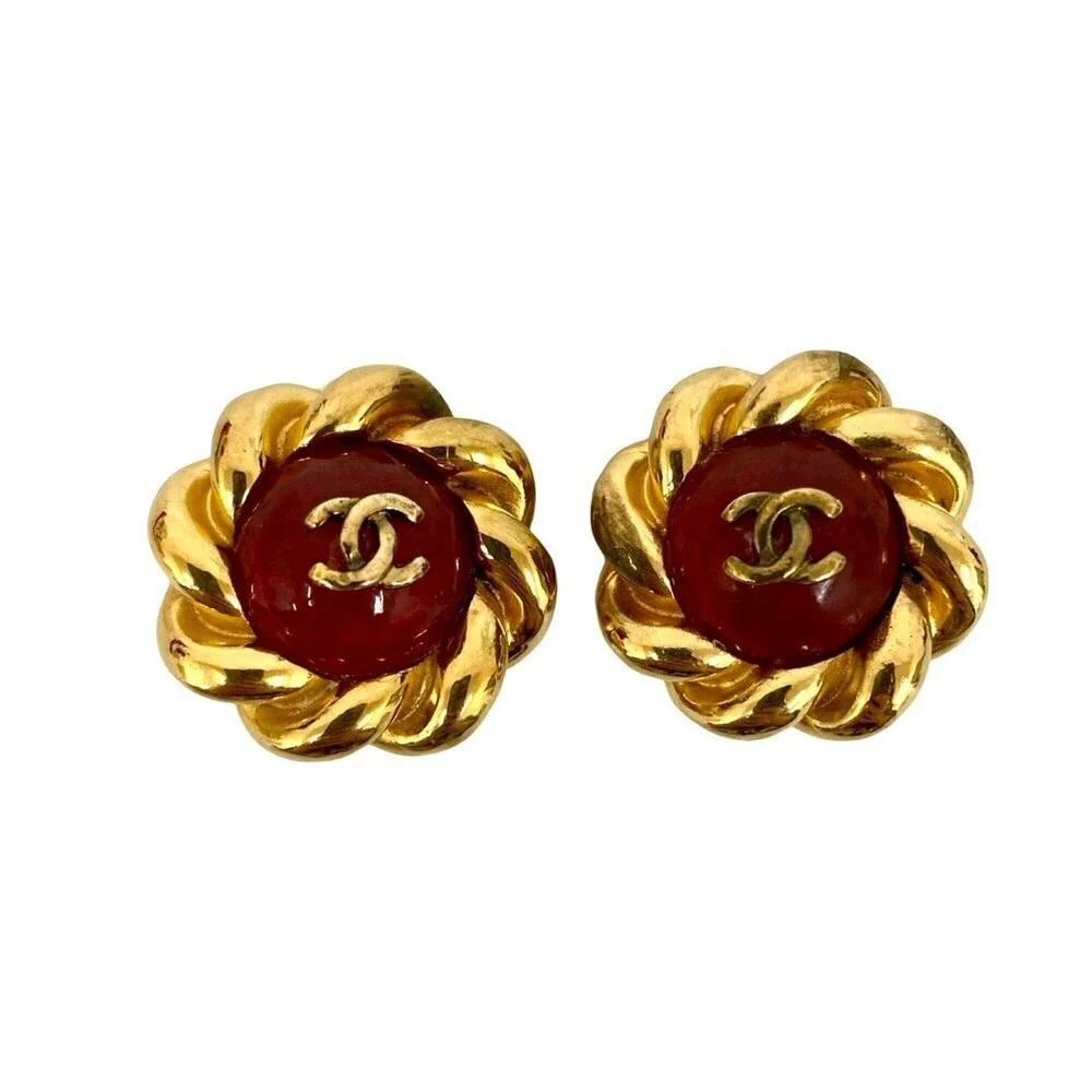 CHANEL Red Logo Earrings